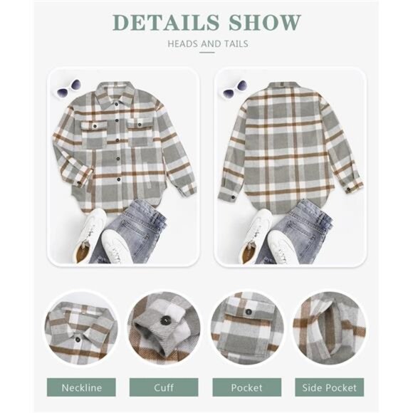 Plaid Shacket: Long Sleeve Button-Down Shirt Jacket with Side Pockets - Picture 6 of 7